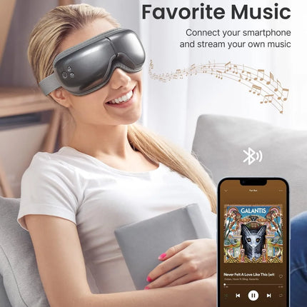 Eye Massager with Heat & Vibration – 5 Massage Modes, Bluetooth Music, Adjustable Headband, USB Rechargeable - Gray
