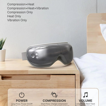 Eye Massager with Heat & Vibration – 5 Massage Modes, Bluetooth Music, Adjustable Headband, USB Rechargeable - Gray