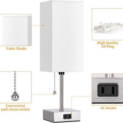 Touch Control Bedside Lamp, 3 Way Dimmable Nightstand Lamp with 2 USB Ports & AC Outlet, Modern Style, White Fabric Shade