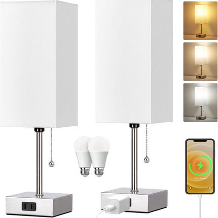 Touch Control Bedside Lamp, 3 Way Dimmable Nightstand Lamp with 2 USB Ports & AC Outlet, Modern Style, White Fabric Shade