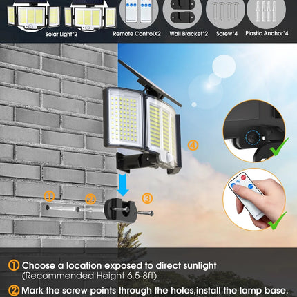 348 LED 3000LM Solar Motion Sensor Flood Lights, 2Pack