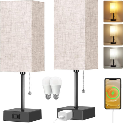 Touch Control Bedside Lamp, 3 Way Dimmable Nightstand Lamp with 2 USB Ports & AC Outlet, Modern Style, White Fabric Shade