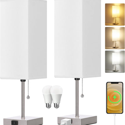 Touch Control Bedside Lamp, 3 Way Dimmable Nightstand Lamp with 2 USB Ports & AC Outlet, Modern Style, White Fabric Shade