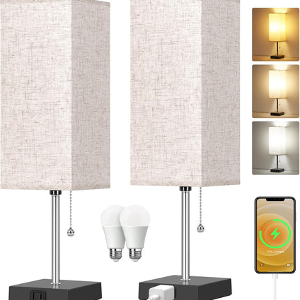 Touch Control Bedside Lamp, 3 Way Dimmable Nightstand Lamp with 2 USB Ports & AC Outlet, Modern Style, White Fabric Shade