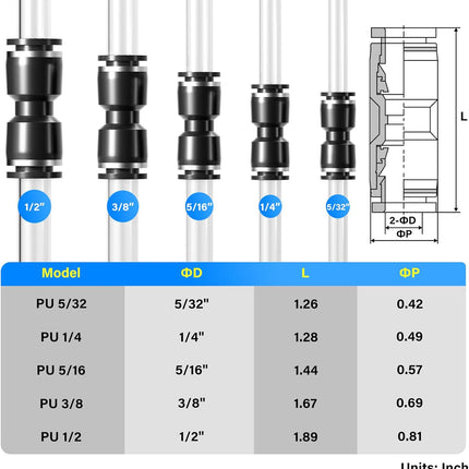 Black Straight 1/2 Inch Tube OD Push to Connect Tube Fittings Push Lock PU-1/2 (Pack of 2)