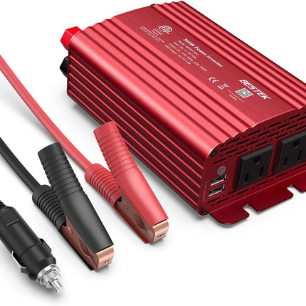 500W Power Inverter DC 12V to 110V AC Converter with Alligator Battery Clamp 4.8A Dual USB Car Charger ETL Listed