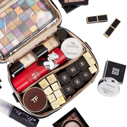 Double Layer Makeup Bag for Travel, Portable Cosmetic Organizer for Brushes Sets, Large Toiletry Holder with Straps, Black