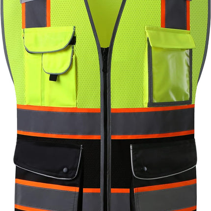 9 Pockets Class 2 High Visibility Zipper Front Safety Vest with Reflective Strips, Meets ANSI/ISEA Standards (Large, 150-Pink)