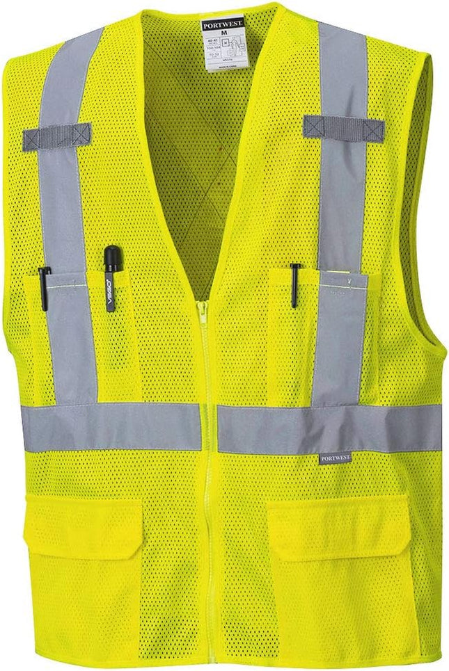 US370 Atlanta Hi Vis Mesh Safety Vest with Reflective Tape & 6 Pockets, Yellow, Medium