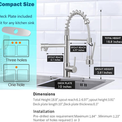 Kitchen Faucets with Pull down Sprayer Brushed Nickel -【LED Light Dual Ends】 Single Handle 1 or 3 Holes Spring Kitchen Sink Faucet with Deck Plate for Farmhouse RV Vessel Basin