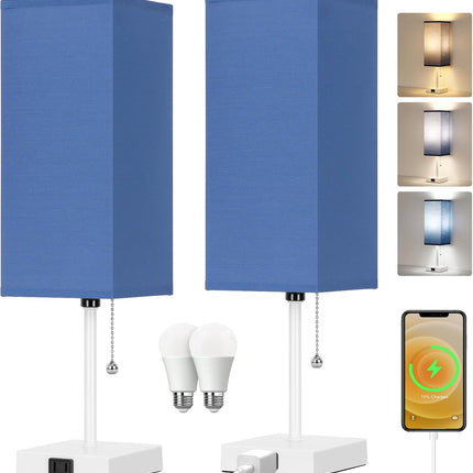 Touch Control Bedside Lamp, 3 Way Dimmable Nightstand Lamp with 2 USB Ports & AC Outlet, Modern Style, White Fabric Shade