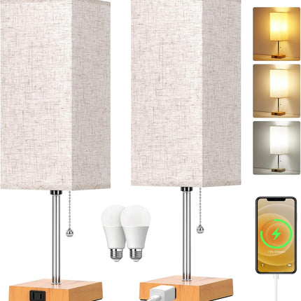 Touch Control Bedside Lamp, 3 Way Dimmable Nightstand Lamp with 2 USB Ports & AC Outlet, Modern Style, White Fabric Shade