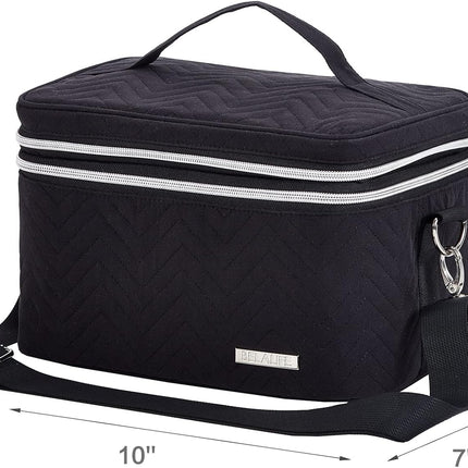 Double Layer Makeup Bag for Travel, Portable Cosmetic Organizer for Brushes Sets, Large Toiletry Holder with Straps, Black