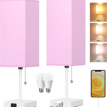 Touch Control Bedside Lamp, 3 Way Dimmable Nightstand Lamp with 2 USB Ports & AC Outlet, Modern Style, White Fabric Shade