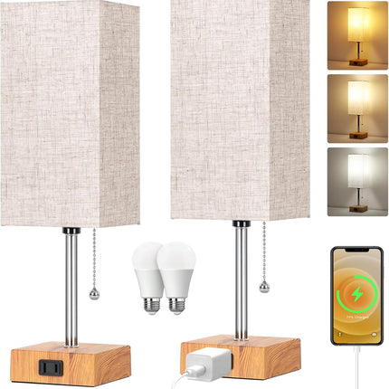 Touch Control Bedside Lamp, 3 Way Dimmable Nightstand Lamp with 2 USB Ports & AC Outlet, Modern Style, White Fabric Shade