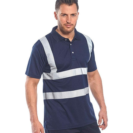 Iona Polo Shirt Hi Vis Visibility Reflective Short Sleeve Work Wear Top, Navy, 5XL