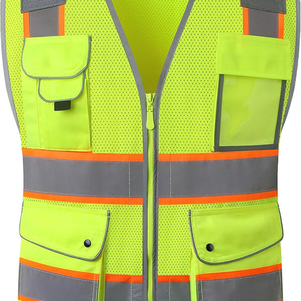9 Pockets Class 2 High Visibility Zipper Front Safety Vest with Reflective Strips, Meets ANSI/ISEA Standards (Large, 150-Pink)