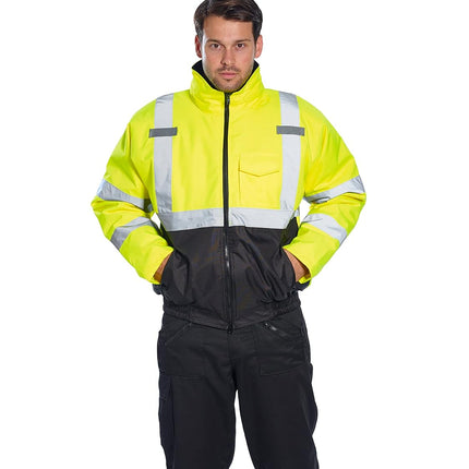 US363 Men'S Waterproof Hi Vis Reflective Two-Tone Bomber Jacket Yellow/Black Tall, Large