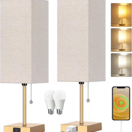 Touch Control Bedside Lamp, 3 Way Dimmable Nightstand Lamp with 2 USB Ports & AC Outlet, Modern Style, White Fabric Shade