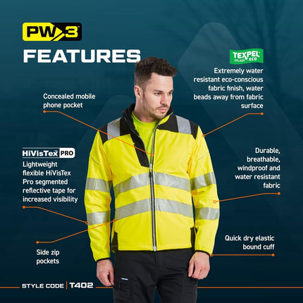 PW3 Hi-Vis Softshell Jacket Work Safety Protective Reflective Waterproof Coat ANSI 3, Small