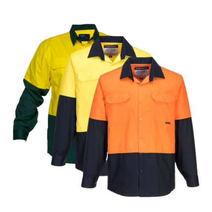 Portwest Mens Prime Mover Hi-Vis Lightweight Long Sleeve Shirt Cotton Work MS801-KarWorkwear