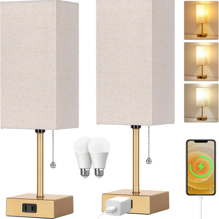 Touch Control Bedside Lamp, 3 Way Dimmable Nightstand Lamp with 2 USB Ports & AC Outlet, Modern Style, White Fabric Shade