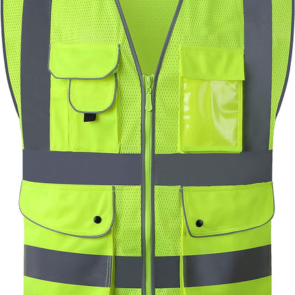 9 Pockets Class 2 High Visibility Zipper Front Safety Vest with Reflective Strips, Meets ANSI/ISEA Standards (Large, 150-Pink)