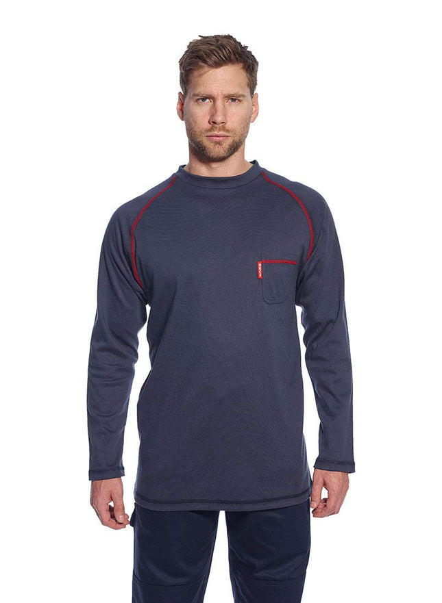 FR01 Mens Flame Resistant Bizflame Long Sleeved Crew Neck T Shirt ASTM, Navy, XXL