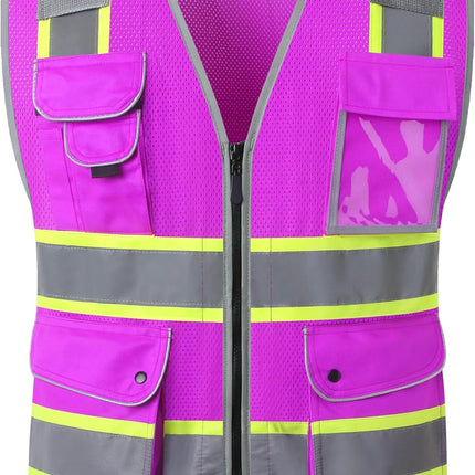9 Pockets Class 2 High Visibility Zipper Front Safety Vest with Reflective Strips, Meets ANSI/ISEA Standards (Large, 150-Pink)