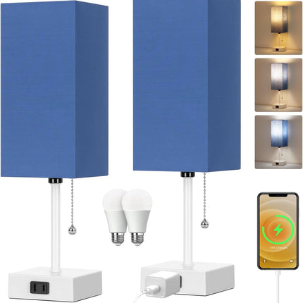 Touch Control Bedside Lamp, 3 Way Dimmable Nightstand Lamp with 2 USB Ports & AC Outlet, Modern Style, White Fabric Shade