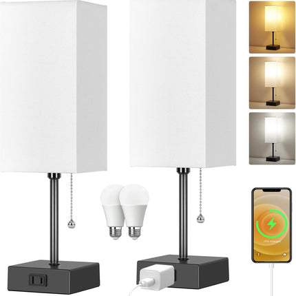 Touch Control Bedside Lamp, 3 Way Dimmable Nightstand Lamp with 2 USB Ports & AC Outlet, Modern Style, White Fabric Shade