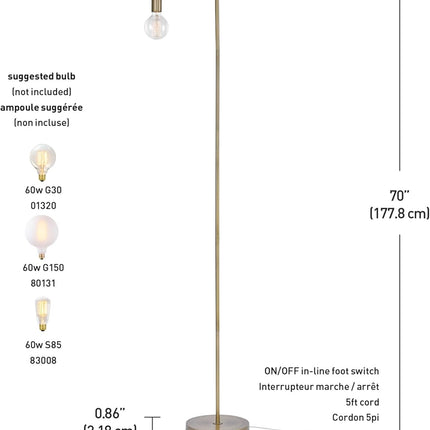 Electric 67068 Holden 70" Floor Lamp, Matte Brass, In-Line On/Off Foot Switch