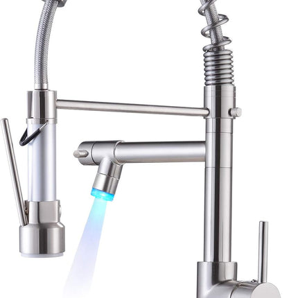 Kitchen Faucets with Pull down Sprayer Brushed Nickel -【LED Light Dual Ends】 Single Handle 1 or 3 Holes Spring Kitchen Sink Faucet with Deck Plate for Farmhouse RV Vessel Basin