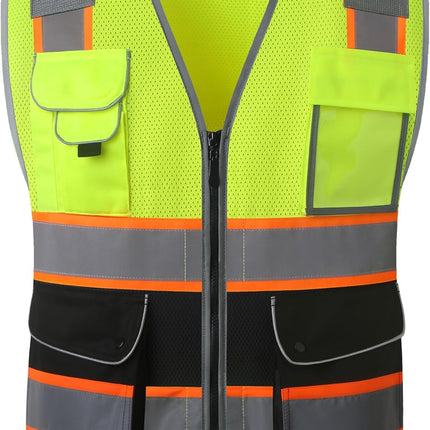 9 Pockets Class 2 High Visibility Zipper Front Safety Vest with Reflective Strips, Meets ANSI/ISEA Standards (Large, 150-Pink)