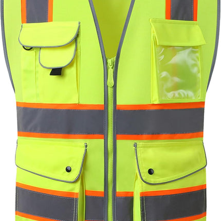 9 Pockets Class 2 High Visibility Zipper Front Safety Vest with Reflective Strips, Meets ANSI/ISEA Standards (Large, 150-Pink)
