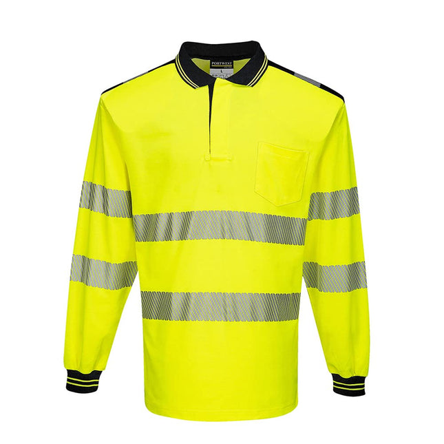T184 PW3 Hi-Vis Long Sleeve Polo Safety Shirt Yellow/Black, Medium