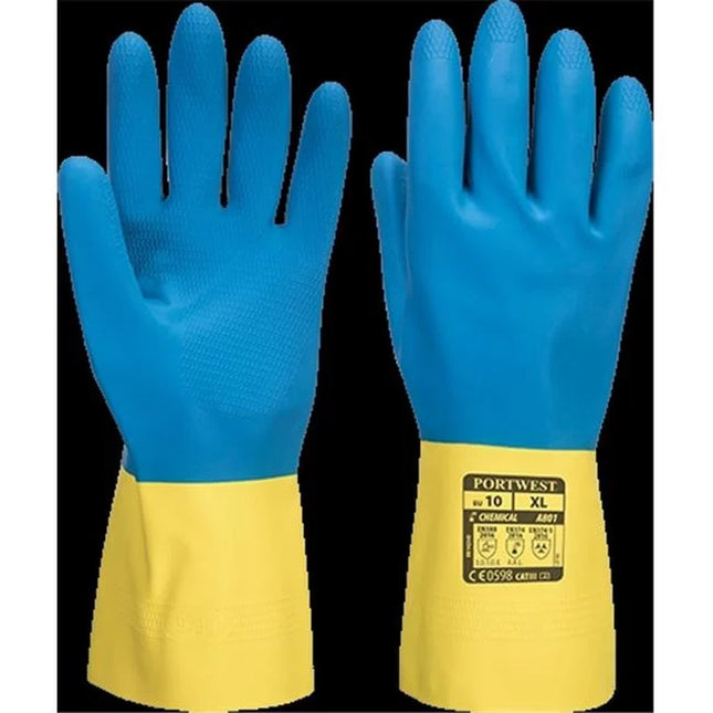 A801Y4RM Double Dipped Medium Latex Gauntlet Gloves- Yellow & Blue-KarWorkwear