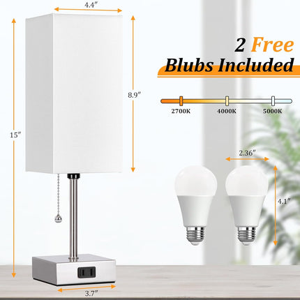 Touch Control Bedside Lamp, 3 Way Dimmable Nightstand Lamp with 2 USB Ports & AC Outlet, Modern Style, White Fabric Shade