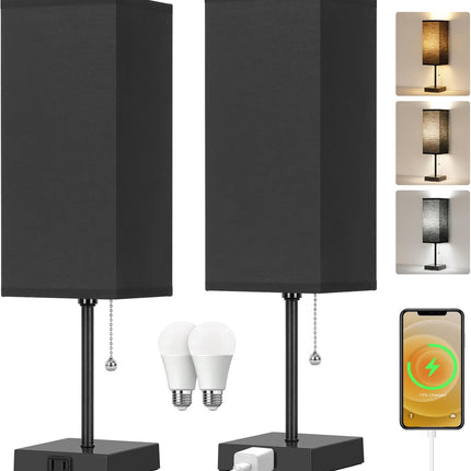 Touch Control Bedside Lamp, 3 Way Dimmable Nightstand Lamp with 2 USB Ports & AC Outlet, Modern Style, White Fabric Shade