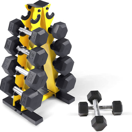 5-25Lb Rubber Coated Hex Dumbbell Set with a Frame Storage Rack Non-Slip Hex Shape for Muscle Toning, Strength Building & Weight Loss - Multiple Choices Available