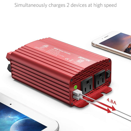 500W Power Inverter DC 12V to 110V AC Converter with Alligator Battery Clamp 4.8A Dual USB Car Charger ETL Listed