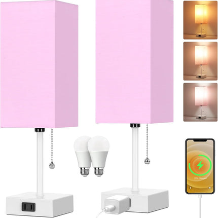 Touch Control Bedside Lamp, 3 Way Dimmable Nightstand Lamp with 2 USB Ports & AC Outlet, Modern Style, White Fabric Shade